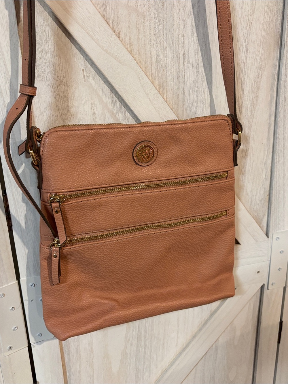 Anne Klein Pebbled Leather Crossbody in Warm Peach